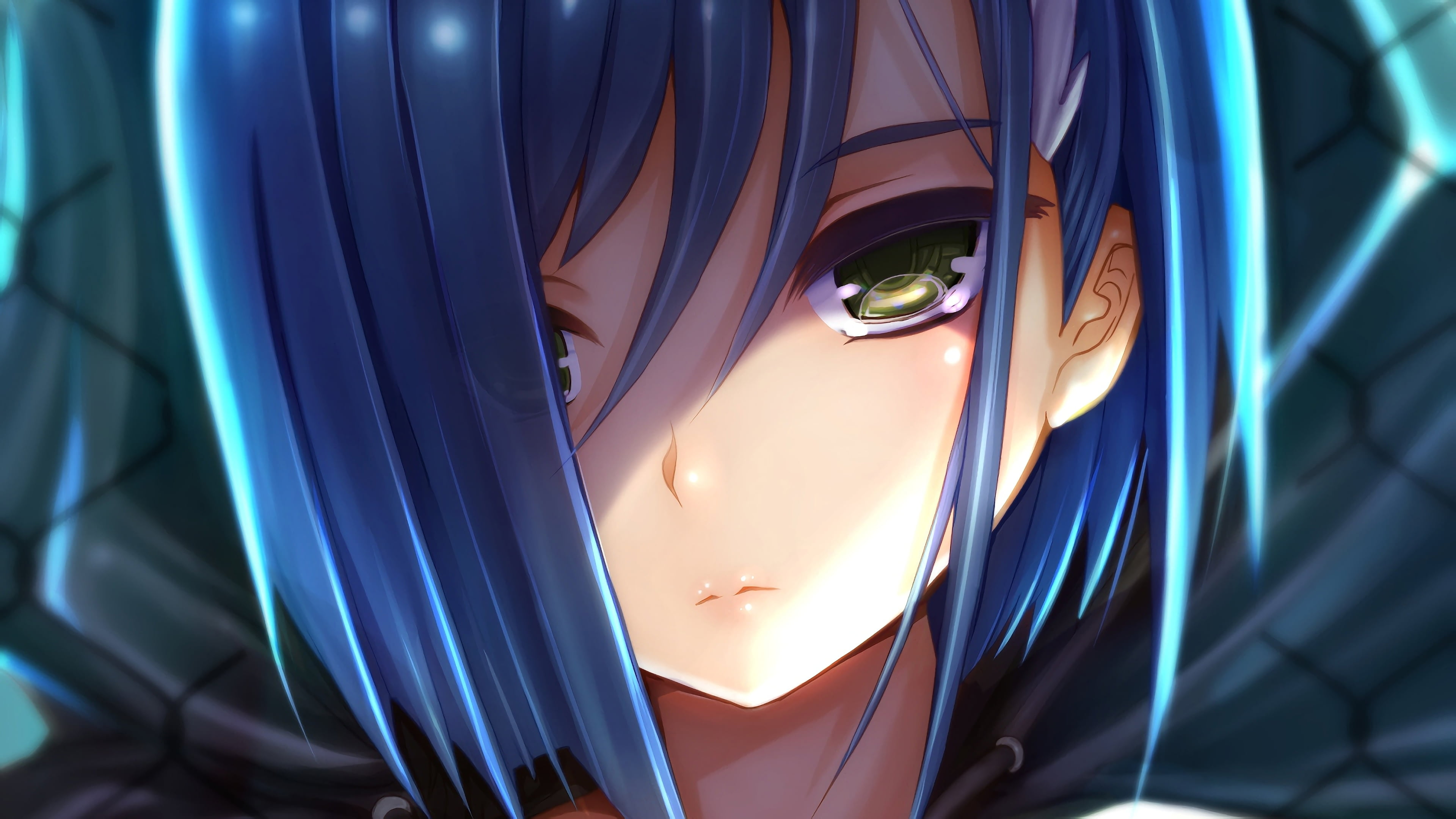 anime girl with blue hair digital wallpaper