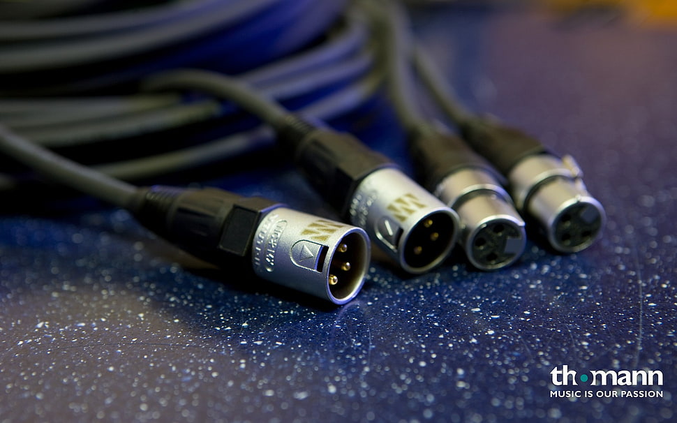 four black microphone cables, XLR connectors, audio, music HD wallpaper
