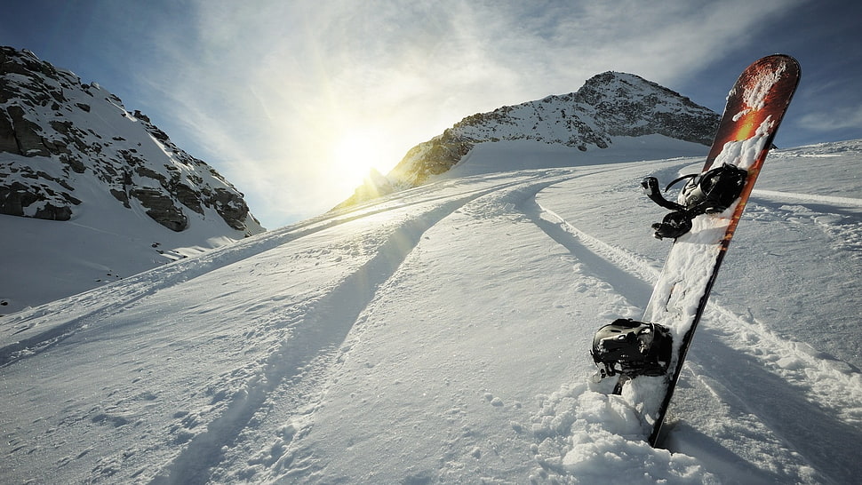 orange and black snowboard with bindings, winter, snow, snowboards HD wallpaper