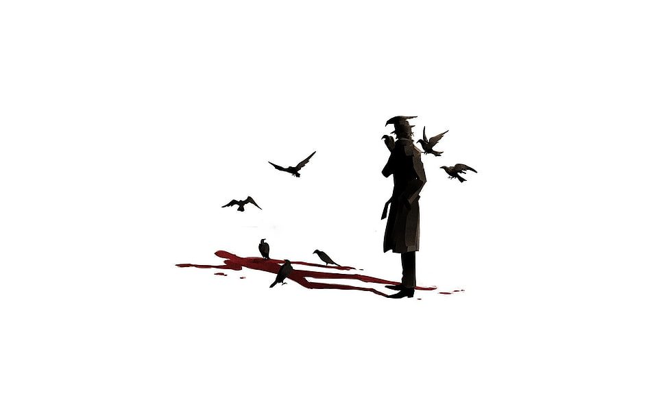 man in coat illustration, crow, blood HD wallpaper