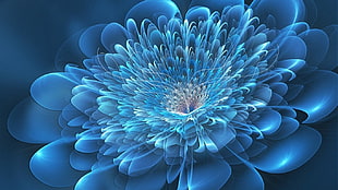 blue and white petaled flower, abstract, flowers, digital art, blue