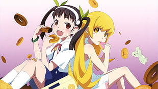 two black-and-yellow-haired female anime characters, Monogatari Series, Hachikuji Mayoi, Oshino Shinobu, donut