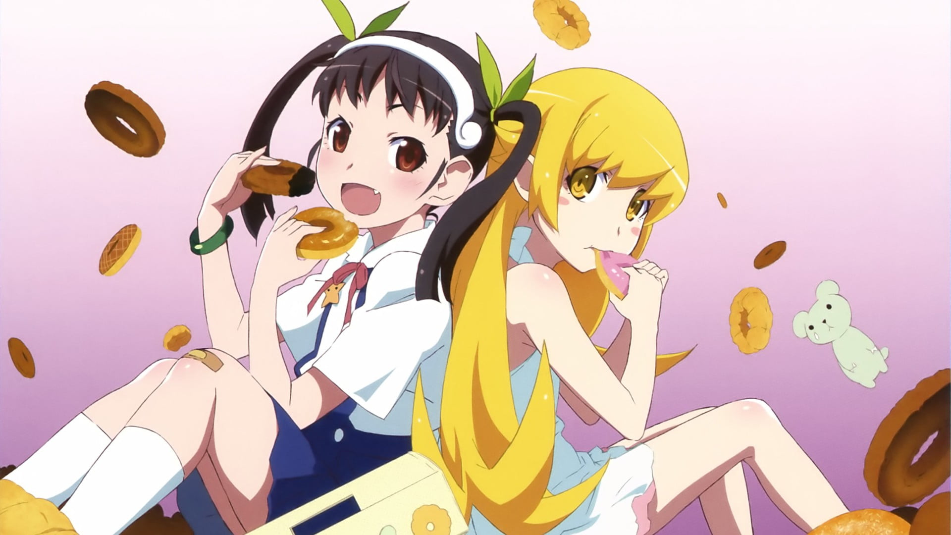 two black-and-yellow-haired female anime characters, Monogatari Series, Hachikuji Mayoi, Oshino Shinobu, donut