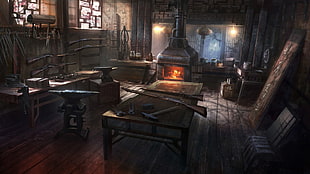 black and brown wooden table, blacksmith, drawing