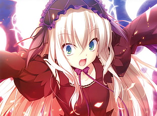 white haired red dressed girl anime character