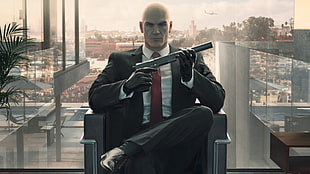 male character sitting on chair wallpaper, Hitman, Agent 47, video games
