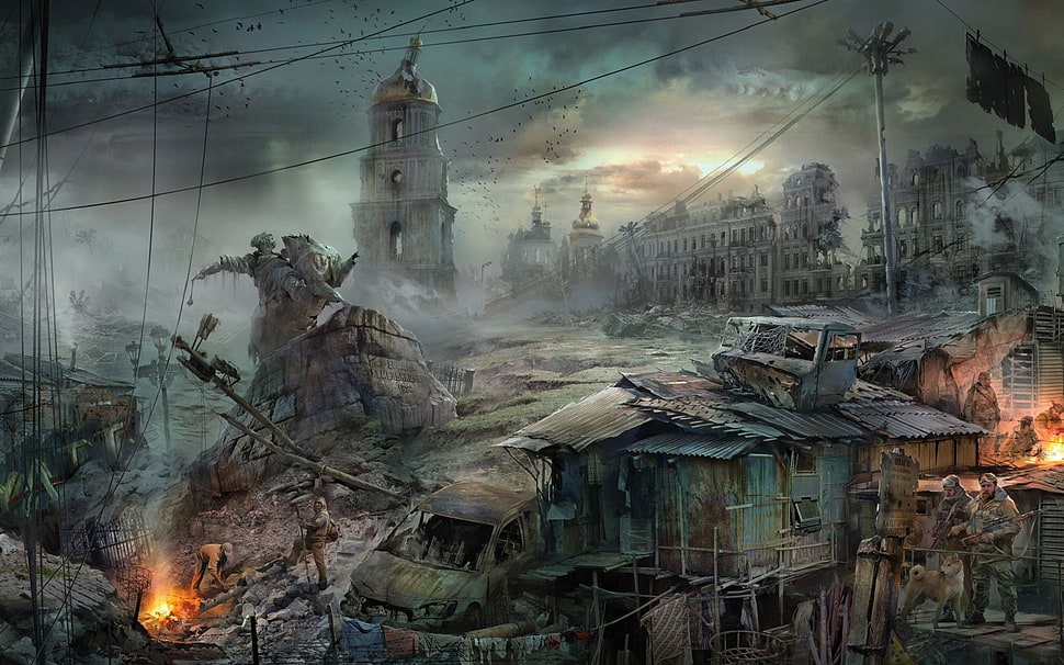 wrecked structures illustration, war, apocalyptic, ruin, Ukraine HD wallpaper