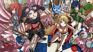 male and female anime character illustration, Fairy Tail, Heartfilia Lucy , Happy (Fairy Tail), Dragneel Natsu