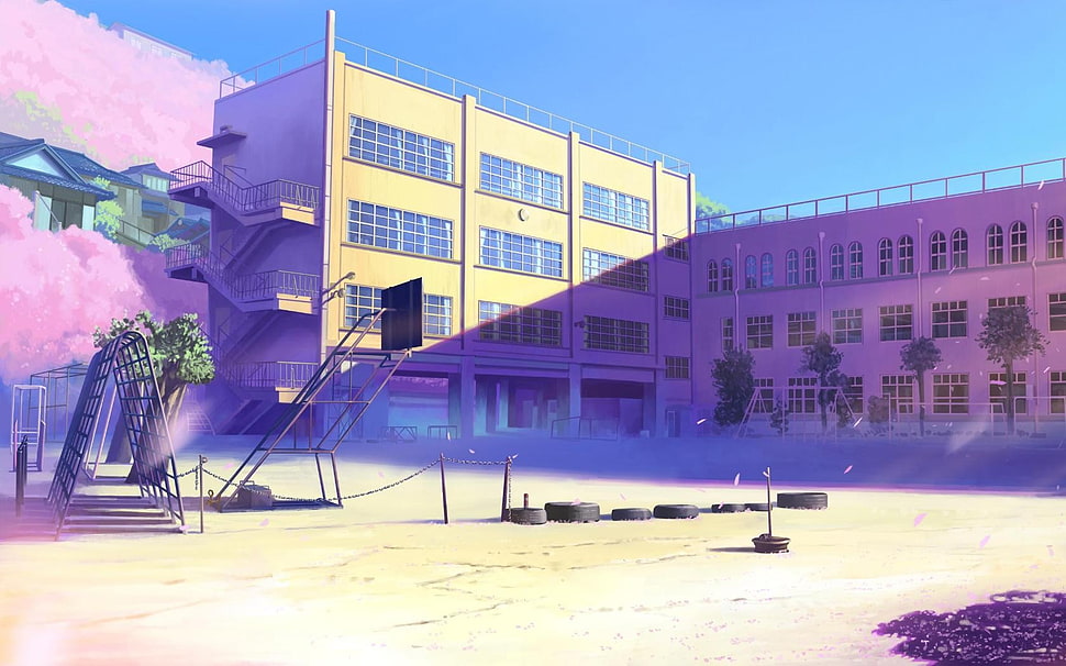 blue and white concrete building, school, 5 Centimeters Per Second, summer, fantasy art HD wallpaper