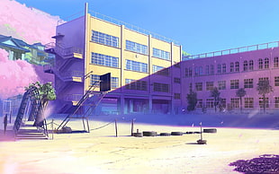 blue and white concrete building, school, 5 Centimeters Per Second, summer, fantasy art