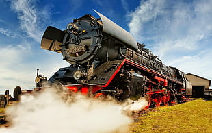 red and black steam train, steam locomotive, train