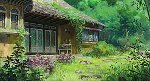 green grass field, anime, Studio Ghibli, Karigurashi no Arrietty, house