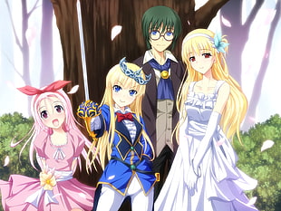 three female anime characters standing beside man wearing eyeglasses beside green leaf plant