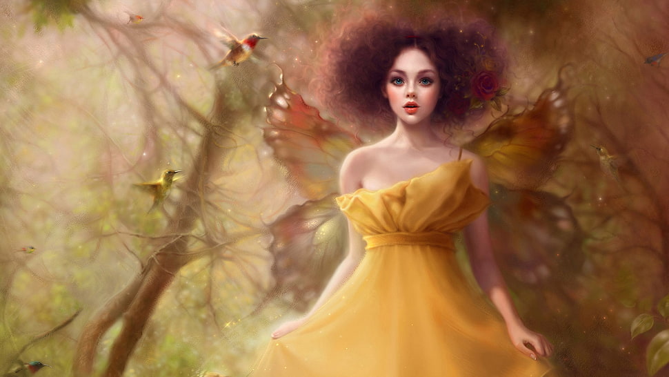 woman fairy in yellow one shoulder dress wallpaper HD wallpaper