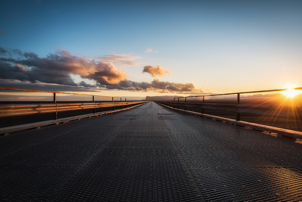 gray steel bridge, road, Sun, clouds HD wallpaper