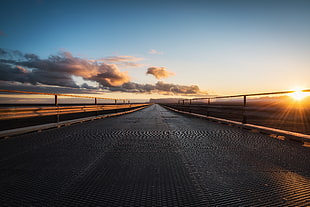 gray steel bridge, road, Sun, clouds