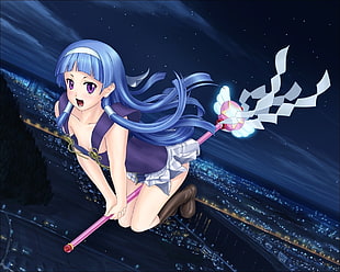 blue-haired woman wearing blue tank top anime character