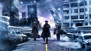 three man walking on the street poster, Romantically Apocalyptic , Vitaly S Alexius, digital art, Russia HD wallpaper