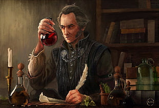 man writing using quill while looking at a laboratory flask painting, men, Regis, vampires, old people
