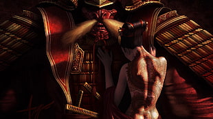 woman with black back tattoo leaning on red samurai suit