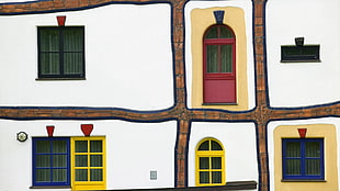 glass windows with yellow and blue frame, Austria, architecture, colorful, Hundertwasser