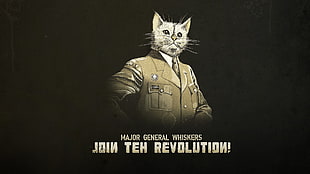 cat head illustration with Join Teh Revolution text overlay, cat, typography, artwork, uniform