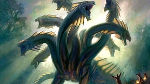 illustration of dragon, hydra, fantasy art