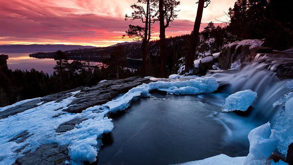 water falls, nature, landscape, sunset, winter HD wallpaper