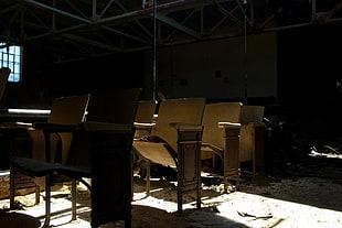 brown wooden chair lot, ruin, abandoned