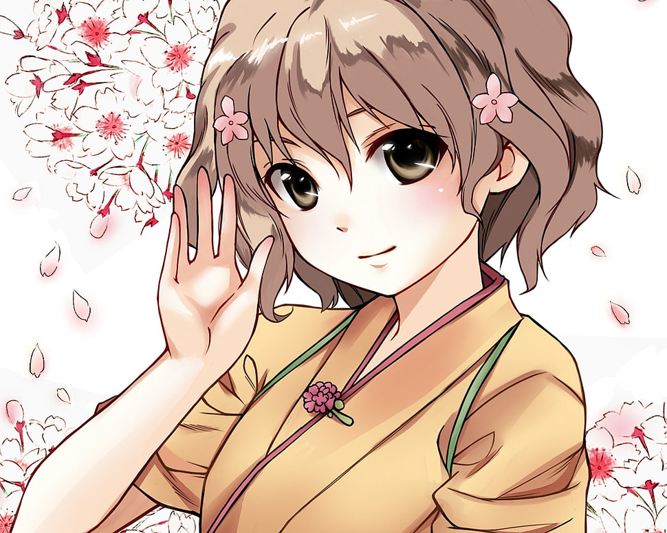 female anime character wearing beige shirt HD wallpaper