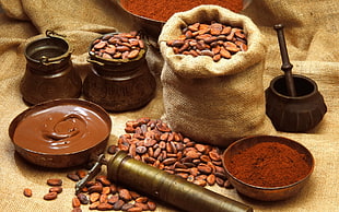grind cacao beans near beans in sack HD wallpaper