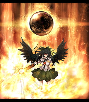 female anime character illustratiomn, Touhou, Reiuji Utsuho, green, skirt HD wallpaper