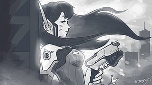 grayscale photography of female anime character, Overwatch, Blizzard Entertainment, D.Va (Overwatch)