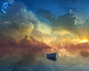 painting of boat on the clouds, rowboat, Moon, artwork, boat