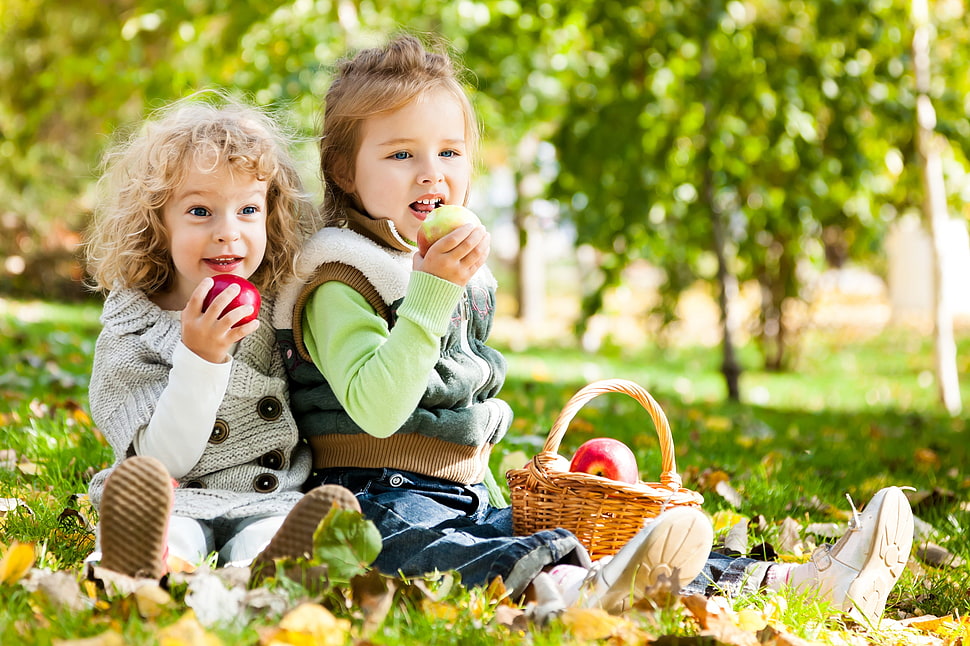 two girl holding apple fruits sitting on green grass during daytine HD wallpaper
