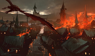 burning castle illustration, Darek Zabrocki , artwork, The Lord of the Rings, The Hobbit: The Desolation of Smaug HD wallpaper