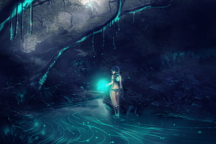 female anime character graphic wallpaper, artwork, nature, water, river