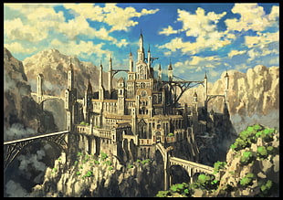 gray castle illustration, castle, fantasy art, bridge