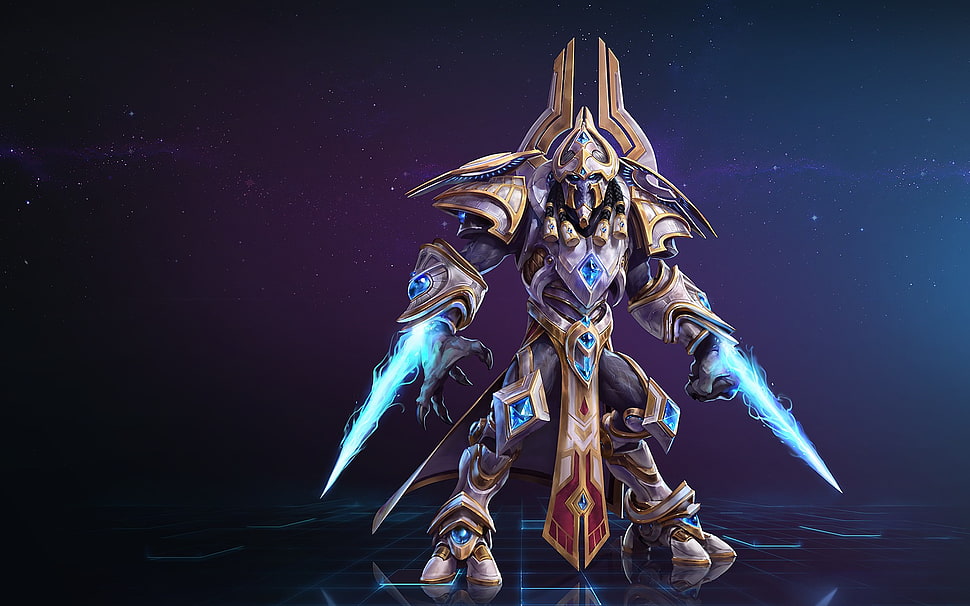 gold and blue robot warrior graphic wallpaper, StarCraft, heroes of the storm, Artanis, Blizzard Entertainment HD wallpaper