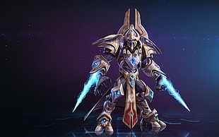 gold and blue robot warrior graphic wallpaper, StarCraft, heroes of the storm, Artanis, Blizzard Entertainment