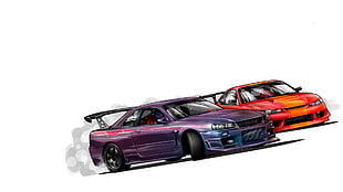 purple and orange cars, race cars, GT-R, Nissan Skyline R34