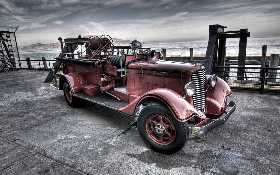 classic red and black vehicle, fire fighter HD wallpaper