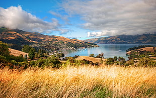 landscape photography of mountain near body of water under white clouds and teal sky