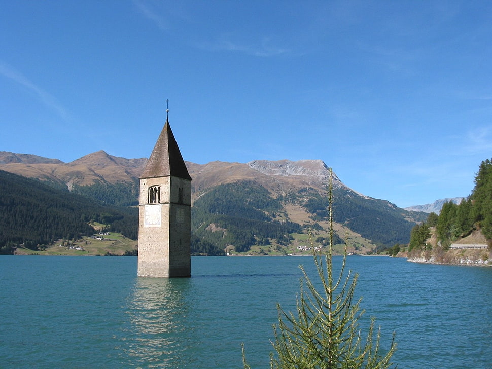 gray concrete tower, church, architecture, lake, nature HD wallpaper