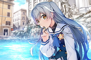 blue haired anime character, building, city, gray hair, Grisaia Phantom Trigger
