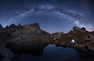 rocky mountain, nature, night, stars, Milky Way