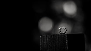 hex nut bokeh photo, black, monochrome, macro, blurred
