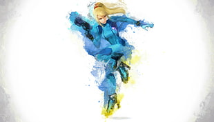 woman wearing blue action suit holding gun illustration HD wallpaper