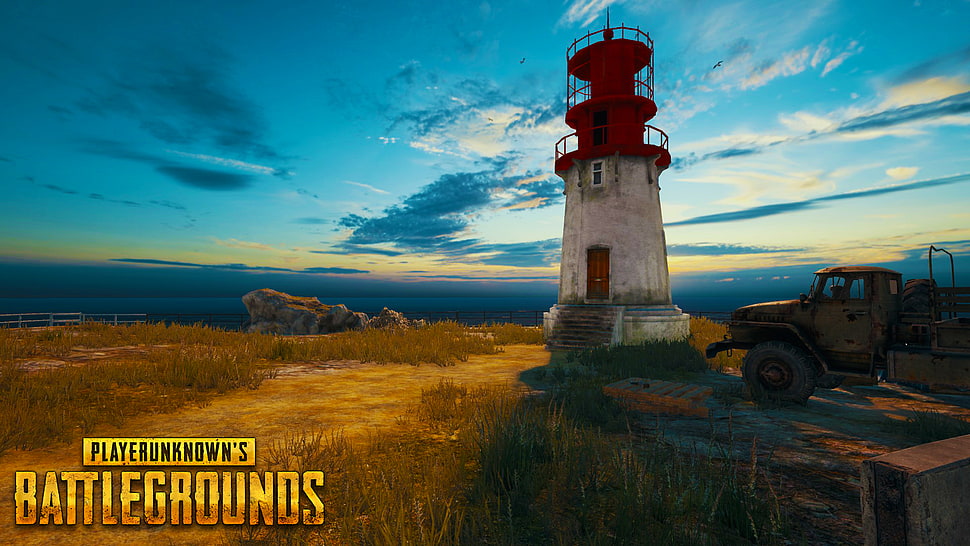 Battlegrounds game screenshot, PUBG, Player Unknown Battleground, lighthouse, Truck HD wallpaper
