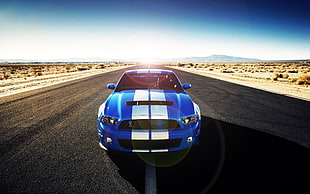 blue and white Ford Mustang, car